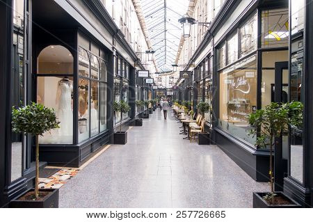 Cardiff, United Kingdom -  September 07, 2017: Castle Quarter Arcade With Shops And Coffee Shops In 