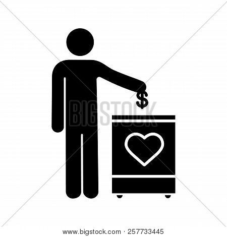 Donation Box Glyph Icon. Silhouette Symbol. Moneybox. Fundraising. Donate Money To Charity. Person D