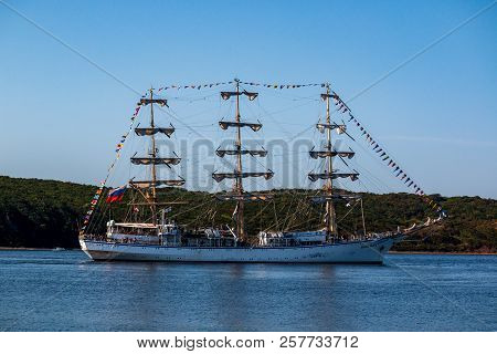 The Movement Of Sailing Ship Nadezhda In The Amur Bay Of The Bosporus Easern Strait In The Backgroun