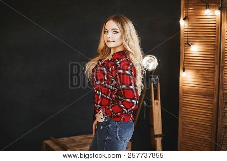 Beautiful And Fashionable Blonde Pluss-size Model Girl With Big Breast In Red Plaid Shirt And In A J