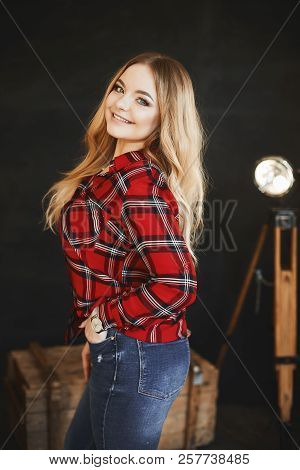 Beautiful And Fashionable Blonde Pluss-size Model Girl With Big Breast In Red Plaid Shirt And In A J