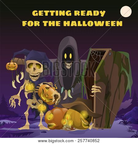 Poster In Style Of Holiday All Evil Halloween. Scarecrow In The Form Of Ghosts In The Hoodie At Midn