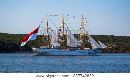 The Movement Of Sailing Ship Bimasuci In The Amur Bay Of The Bosporus Easern Strait In The Backgroun