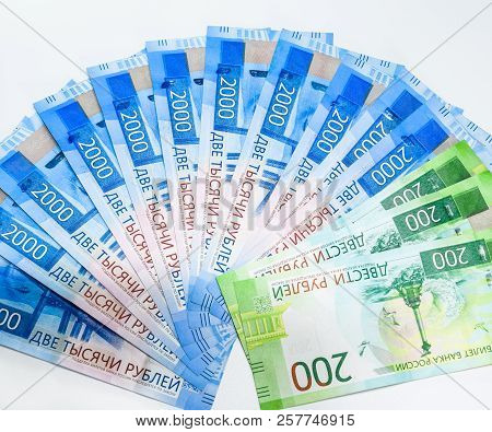 Russian New Denominations Of 2000 And 200 Rubles. Russian Banknotes. Russian Money Is Ruble.