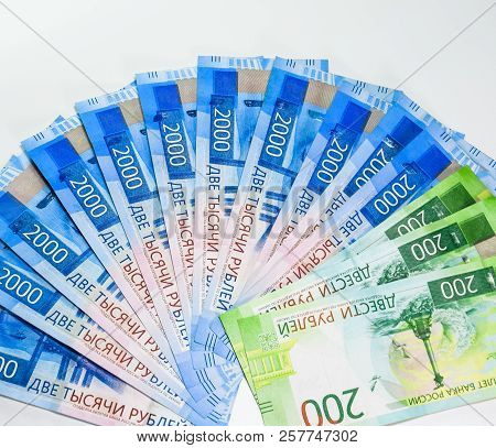Russian New Denominations Of 2000 And 200 Rubles. Russian Banknotes. Russian Money Is Ruble.