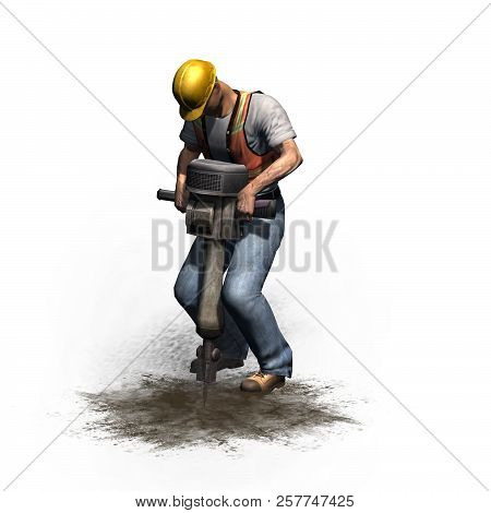 Construction Laborer With Rotary Hammer, Compressed Air Hammer - Isolated On White Background - 3d I