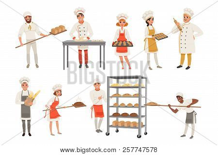 Bakers Characters Set With Bread And Cooking Tools. Happy People In Aprons And Hats, Young Men And W