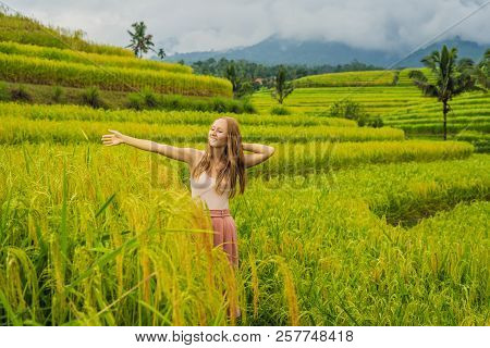 Young Woman Traveler On Beautiful Jatiluwih Rice Terraces Against The Background Of Famous Volcanoes