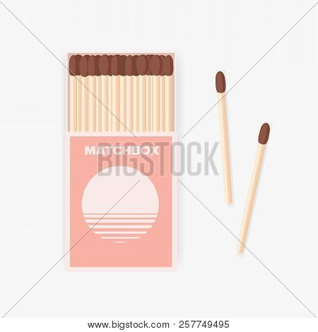 Matchbox Of Modern Design And Pair Of Wooden Matches Lying Beside It Isolated On White Background. H