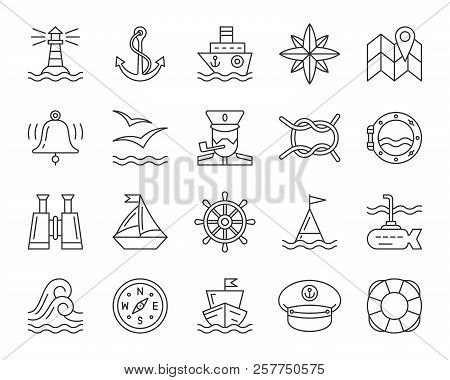 Marine Thin Line Icon Set. Outline Web Sign Kit Of Nautical. Sea Linear Icons Includes Anchor, Knot,