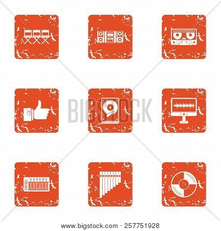 Music Data Icons Set. Grunge Set Of 9 Music Data Icons For Web Isolated On White Background