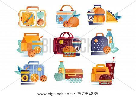 Vector Set Of Icons With Lunch Boxes And Bags With Food And Drinks. Hamburgers, Sandwiches, Cookies,