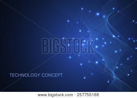 Abstract Plexus Background With Connected Lines And Dots. Wave Flow. Plexus Geometric Effect Big Dat