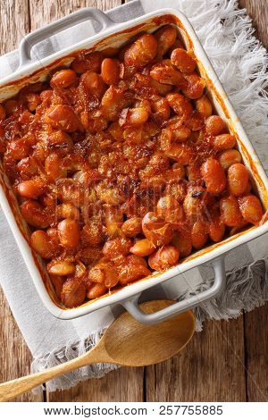 Baked Spicy Beans Prebranac Close-up In A Baking Dish. Vertical Top View From Above