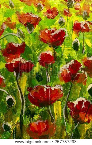 Meadow With Beautiful Bright Red Poppy Flowers In Spring Original Painting Modern Nature Landscape I