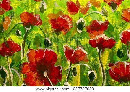 Meadow With Beautiful Bright Red Poppy Flowers In Spring Original Painting Modern Nature Landscape I