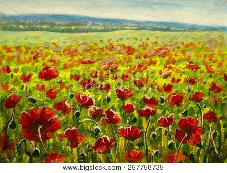 Meadow With Beautiful Bright Red Poppy Flowers In Spring Original Painting Modern Nature Landscape I