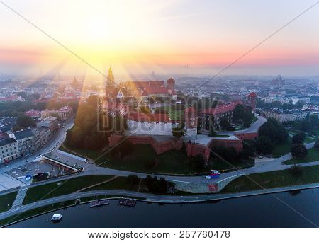Aerial View Royal Wawel Castle And Gothic Cathedral In Cracow, Poland, With Renaissance Sigismund Ch