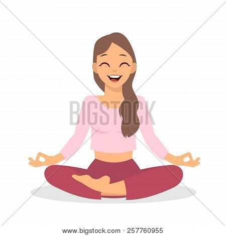 Girl Doing Yoga Meditation Isolated On White Background. Young Woman Making Meditation In Lotus Pose