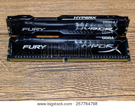 Krasnodar, Russia - September 07, 2018: Ram Kingston Fury On A Wooden Table. Ram With A Radiator. Ov