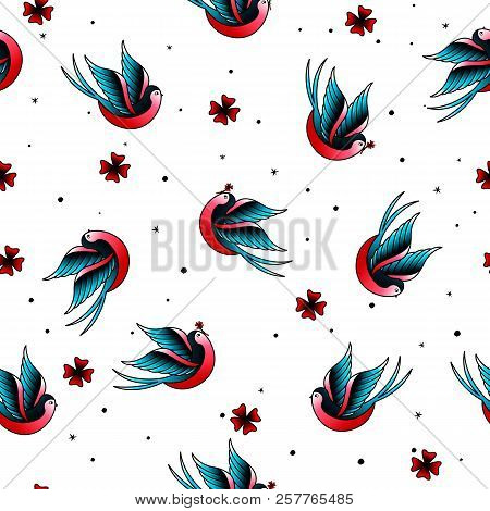 Old School Vintage Doodle Tattoo Swallow Seamless Pattern.oldschool Tattooings Birds, Four-leaf Clov