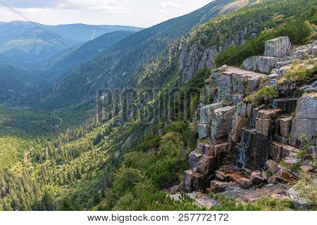 Beautiful View Of The Krkonose Mountains, Elbe Valley And Waterfall. Pancava Falls Is The Tallest In