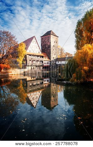 Old Town Of Nuremberg With Half-timbered Houses, Germany At Fall , Retro Toned