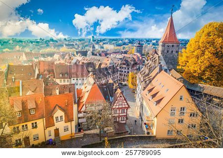 Cityscape Of Old Town Of Nuremberg With City Wall, Germany, Retro Toned