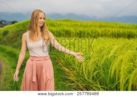 Young Woman Traveler On Beautiful Jatiluwih Rice Terraces Against The Background Of Famous Volcanoes