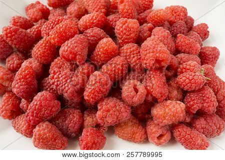Background Of Raspberries. Fresh Raspberries Closeup On White Background. Top View. Background Of Re