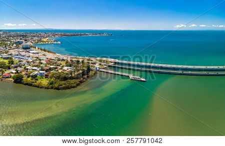 Aerial view of Houghton Bridges, which cross the Bramble Bay connecting the Redcliffe Peninsula and Brigthon