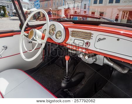Vysoke Myto, Czech Republic - Sept. 09. 2018. White Leather Interior Of The Historicl Car Praga Picc