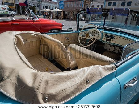 Vysoke Myto, Czech Republic - Sept. 09. 2018. White Leather Interior Of The Historic Cabrio Skoda Fe