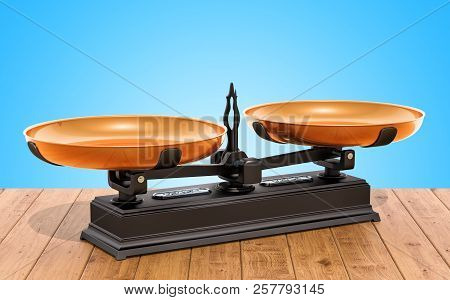 Retro Roberval Balance, Scales On The Wooden Table. 3d Rendering
