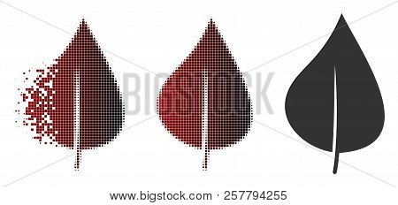Plant Leaf Icon In Sparkle, Pixelated Halftone And Undamaged Entire Versions. Pieces Are Grouped Int