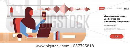 Arabic Businesswoman Hold Phone Intelligent Voice Personal Assistant Recognition Sound Waves Technol