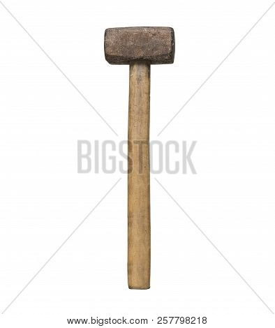 Old Sledgehammer In A Man's Hand. White Background. Isolated