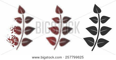 Leaf Branch Icon In Sparkle, Pixelated Halftone And Undamaged Entire Variants. Points Are Combined I