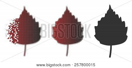 Birch Leaf Icon In Dispersed, Dotted Halftone And Undamaged Entire Versions. Pieces Are Organized In