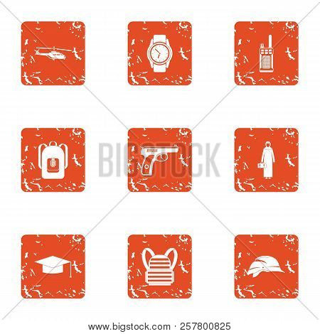 Crime Challenge Icons Set. Grunge Set Of 9 Crime Challenge Icons For Web Isolated On White Backgroun