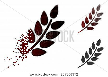 Leaf Branch Icon In Dissolved, Dotted Halftone And Undamaged Entire Variants. Points Are Arranged In