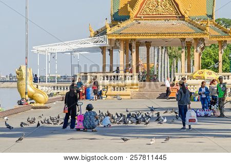 Phnom Penh, Cambodia - April 9, 2018: Preah Sisowath Quay, A Riverside Public Promenade Along The  T