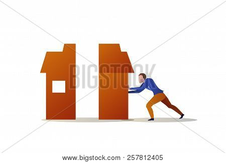Businessman Pushing Half House Each Other Problem Solution Concept Man Building Home Compose Two Par