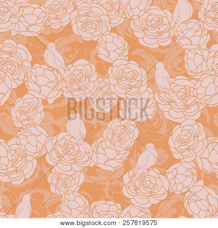 Vector Repeat Pattern With Cute Birds On Roses. Perfect For Backgrounds, Fabric, Scrapbooking  Proje