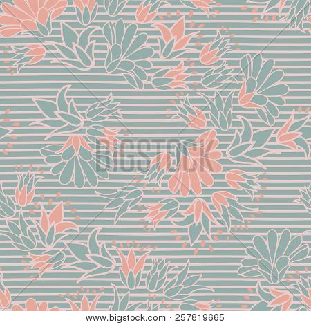 Vector Repeat Pattern With Green And Pink Floral Elements On Thin Stripes. Perfect For Backgrounds, 