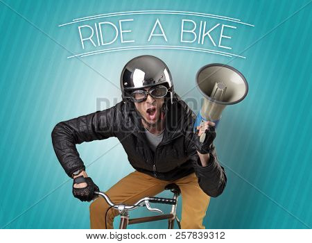 Kooky young guy on a bike with cyclist keywording and streaky background