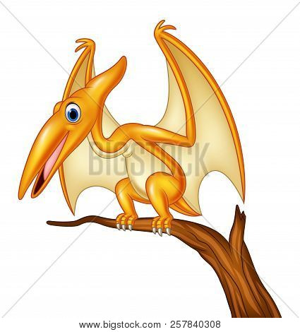 Vector Illustration Of Cartoon Pterodactyl On A Branch