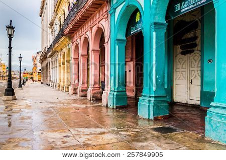 Havana Cuba. January 2018. A View Of Colourful Aged Architecture In Havana In Cuba