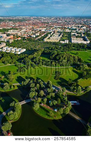 Aerial view of Olympiapark from Olympiaturm (Olympic Tower). Munich, Bavaria, Germany