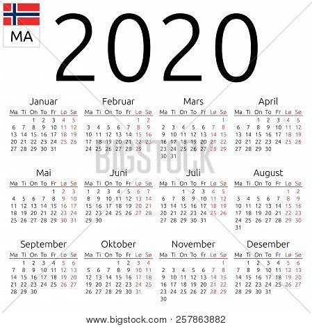 Simple Annual 2020 Year Wall Calendar. Norwegian Language. Week Starts On Monday. Highlighted Saturd